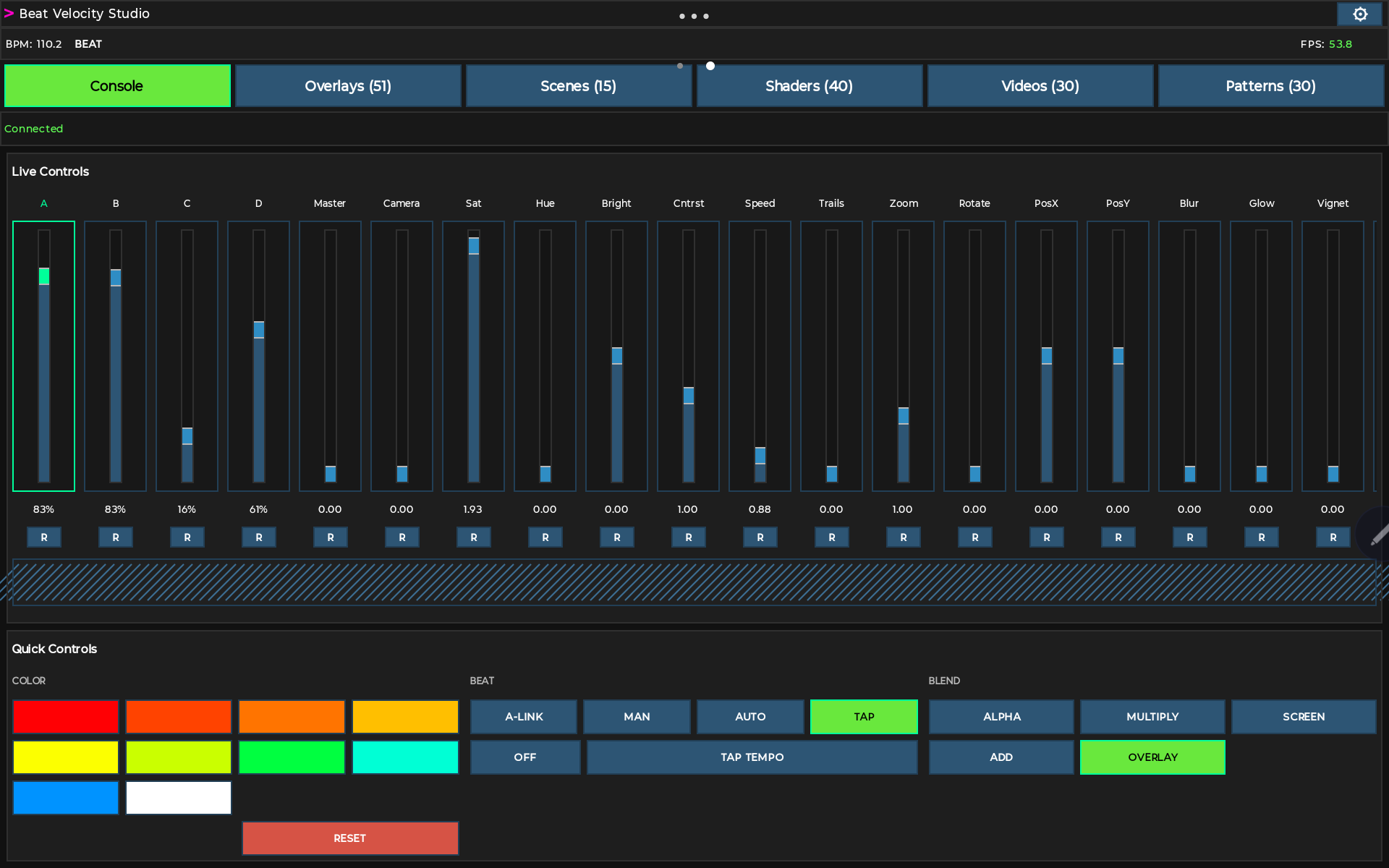 Beat Velocity Console tablet Console tab showing live parameter faders and quick controls.