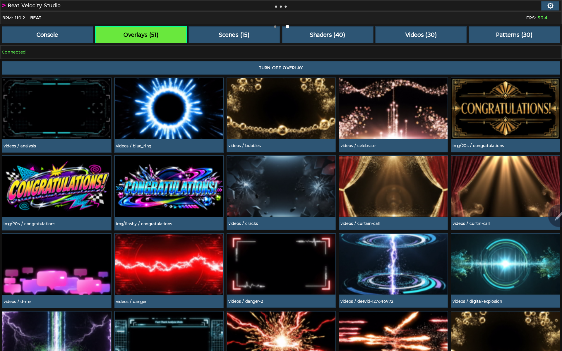 Beat Velocity Console tablet Overlays grid with a Turn Off Overlay button.
