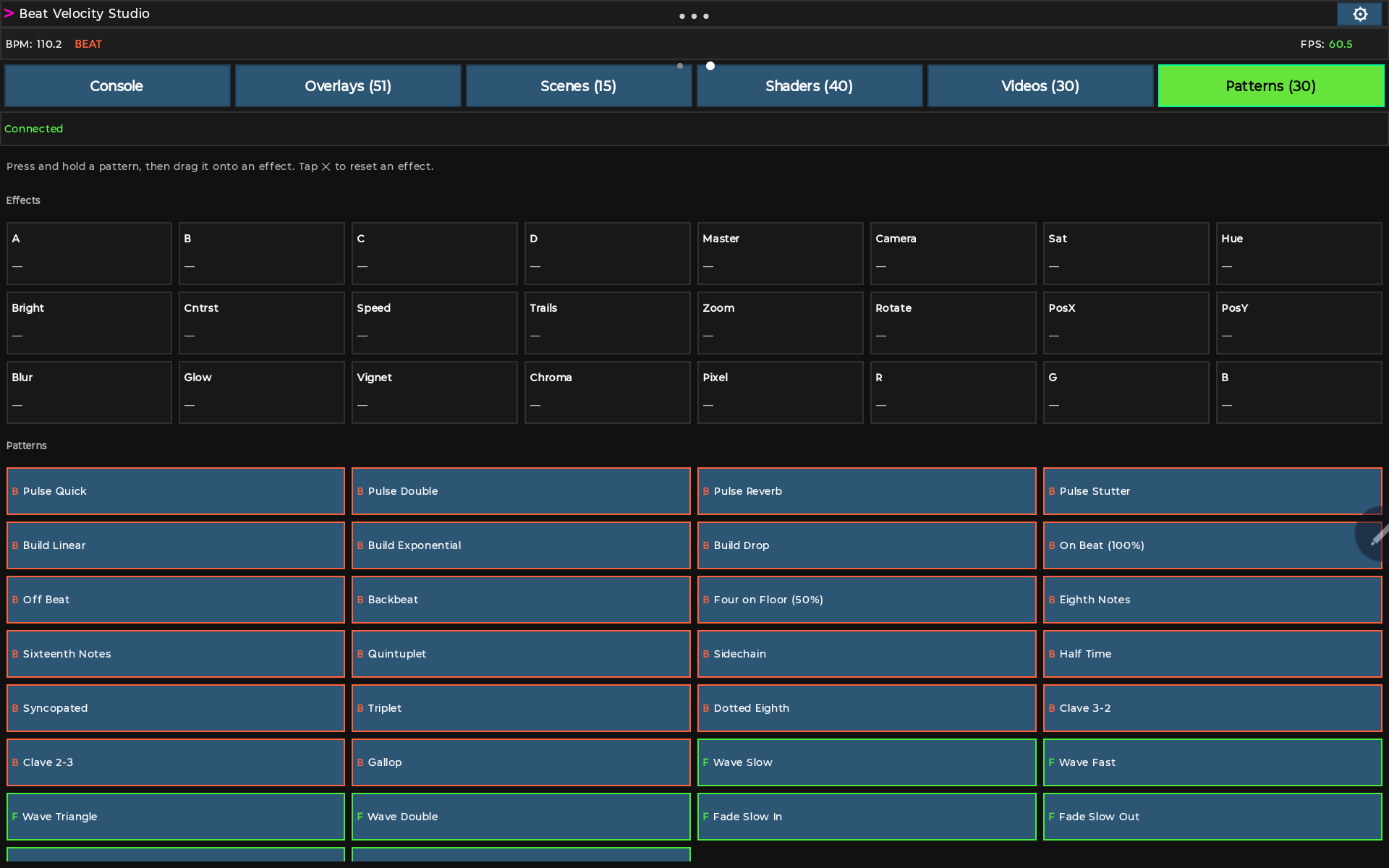 Beat Velocity Console tablet Patterns tab showing drag-and-drop pattern automation.