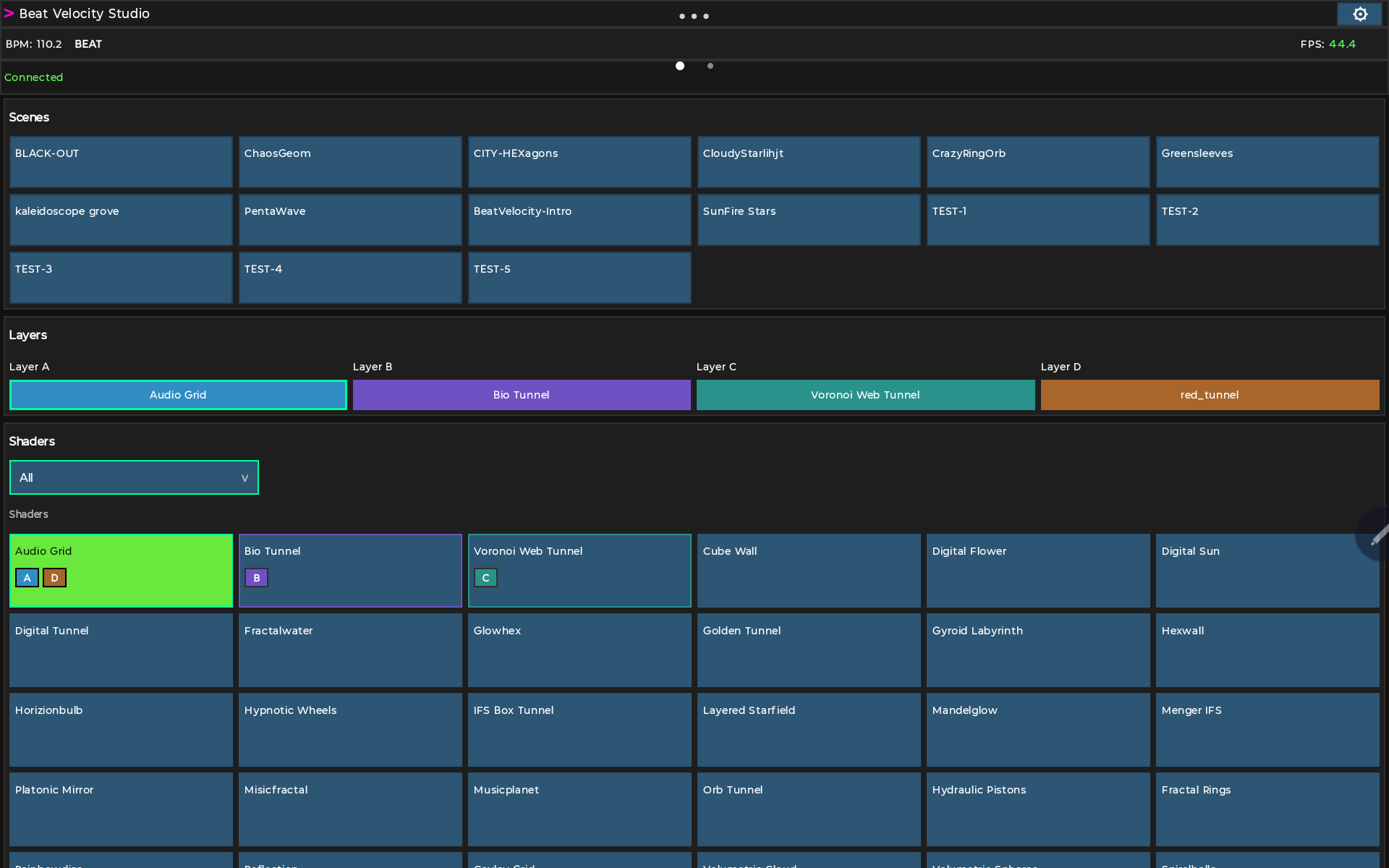 Beat Velocity Console tablet performance dashboard showing scenes, layers, and shaders.