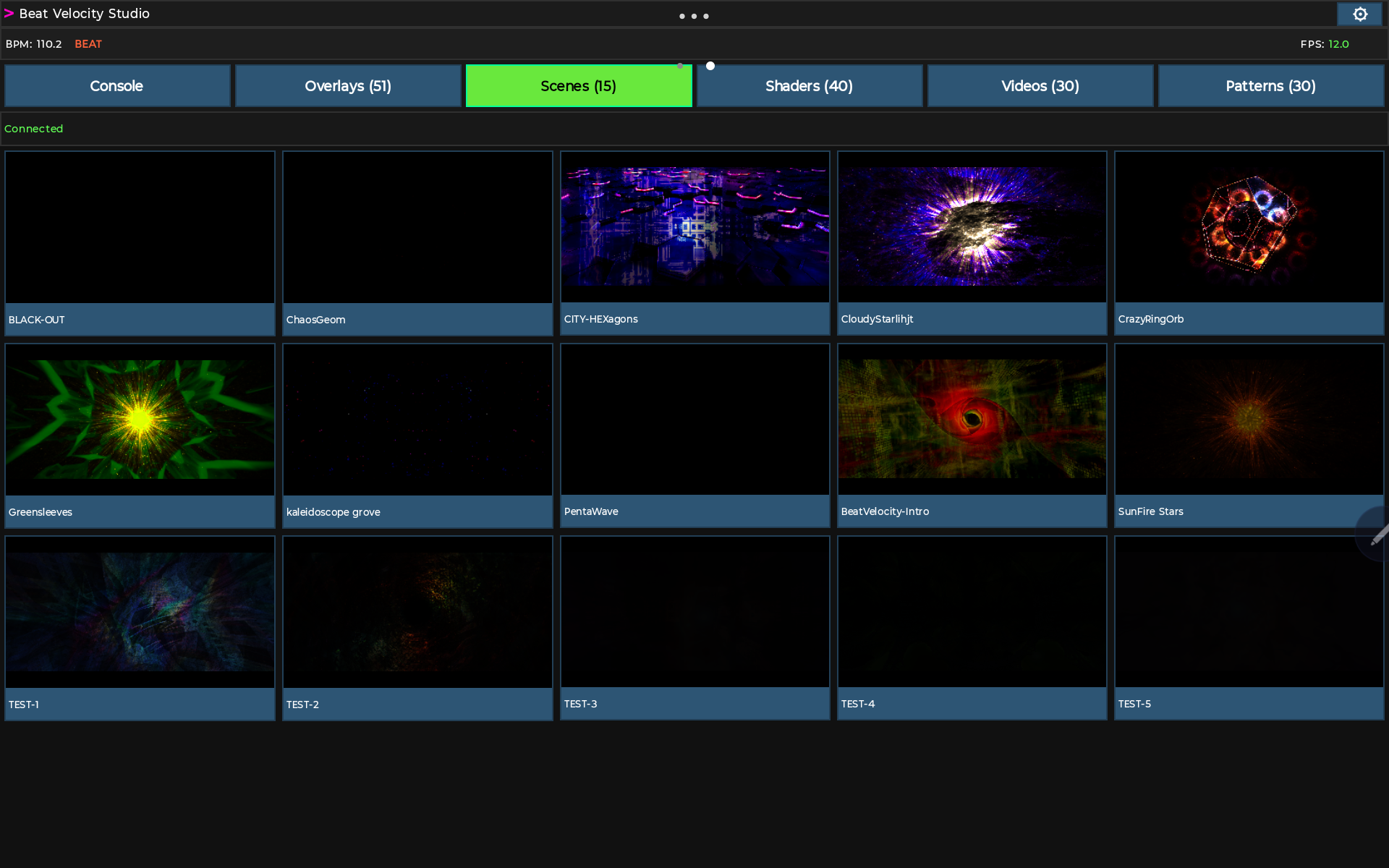 Beat Velocity Console tablet Scenes grid showing live scene thumbnails ready to trigger.