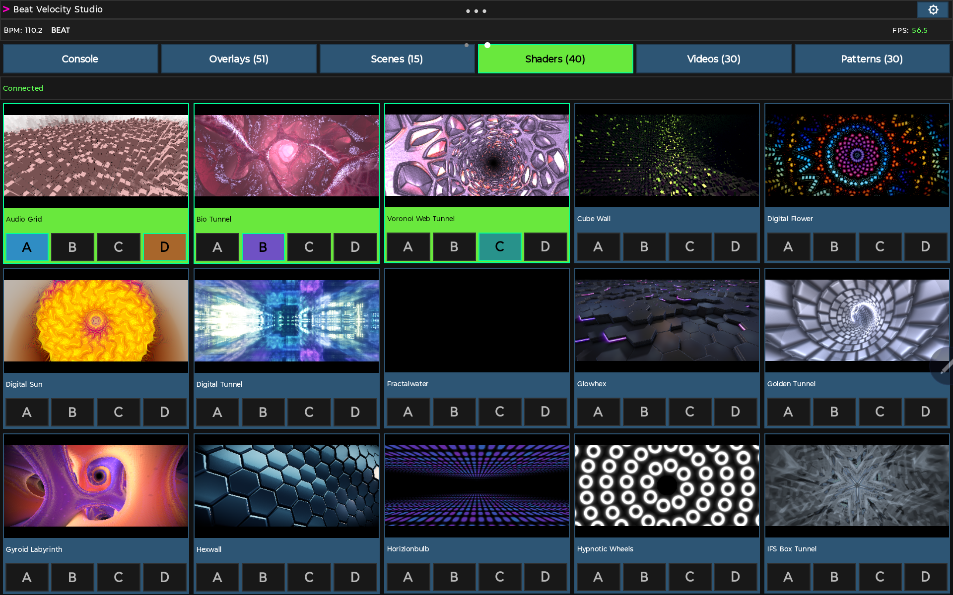 Beat Velocity Console tablet Shaders grid showing live shader thumbnails with layer assignment.