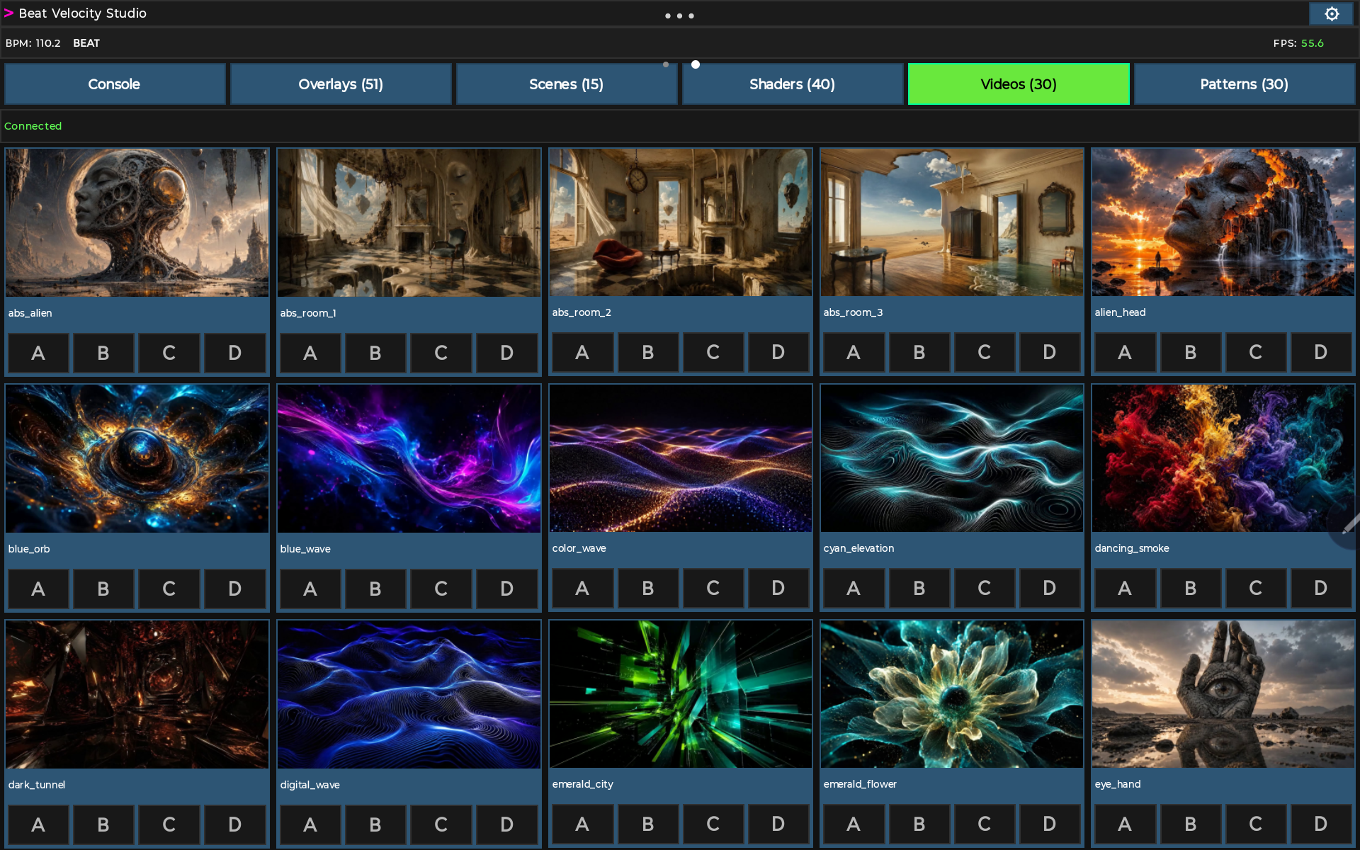 Beat Velocity Console tablet Videos grid showing favourited video clips ready to assign.
