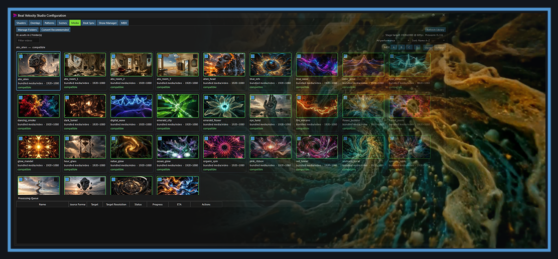 Beat Velocity Studio media library showing bundled and imported videos with proxy cache and conversion queue.