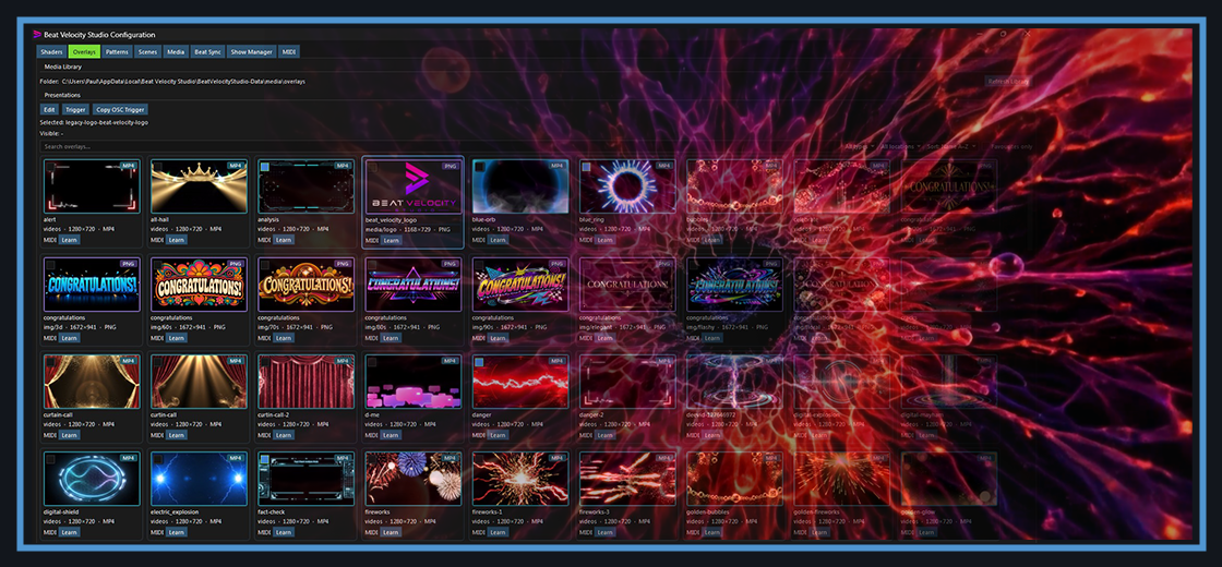 Beat Velocity Studio overlay library showing MP4 and PNG overlays, logos, alerts, and announcements ready to trigger.