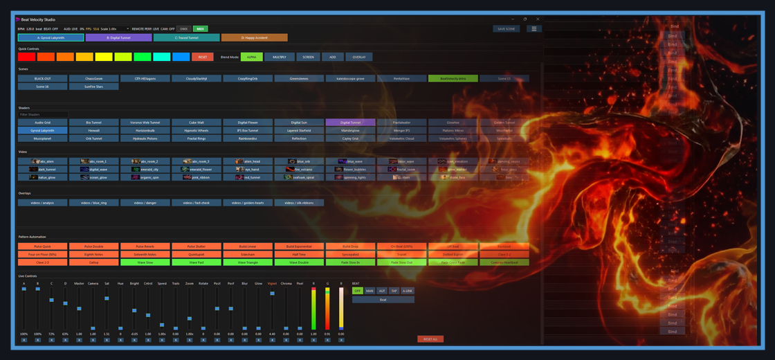 Beat Velocity Studio live console with scenes, layers, shaders, video clips, pattern automation, and live controls.