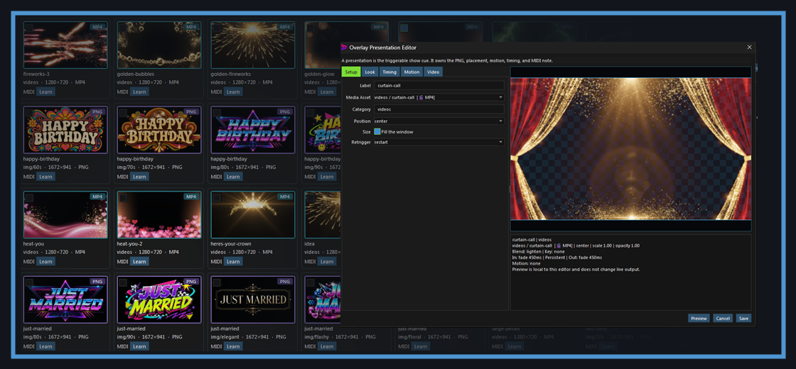 Beat Velocity Studio overlay presentation editor showing setup, look, timing, and motion controls for an overlay cue.