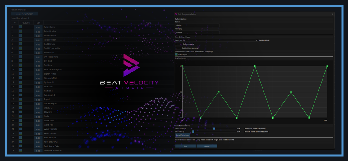 Beat Velocity Studio pattern editor showing a beat-synced Pulse Stutter automation curve with snap-to-grid and transform controls.