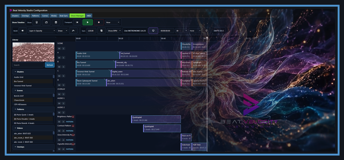 Beat Velocity Studio show manager showing a cue timeline, sync mode, playback controls, cue list, and color tags.