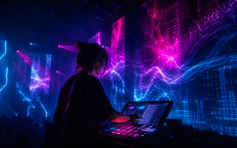 Beat Velocity Studio driving live VJ visuals for stage screens and projection.